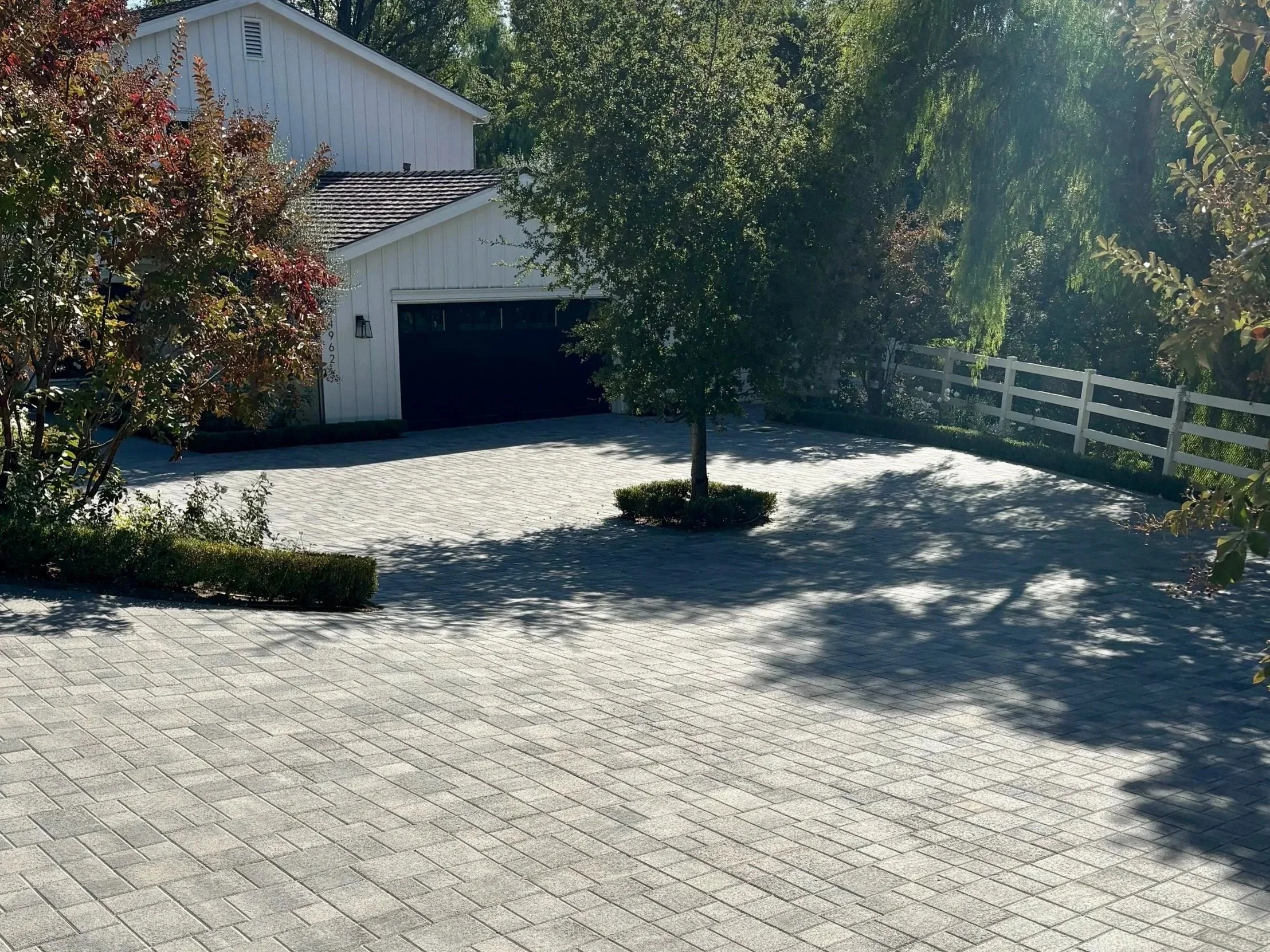 View of a front yard with paved driveway, small trees, bushes, and a white house with a garage surrounded by lush, green trees.