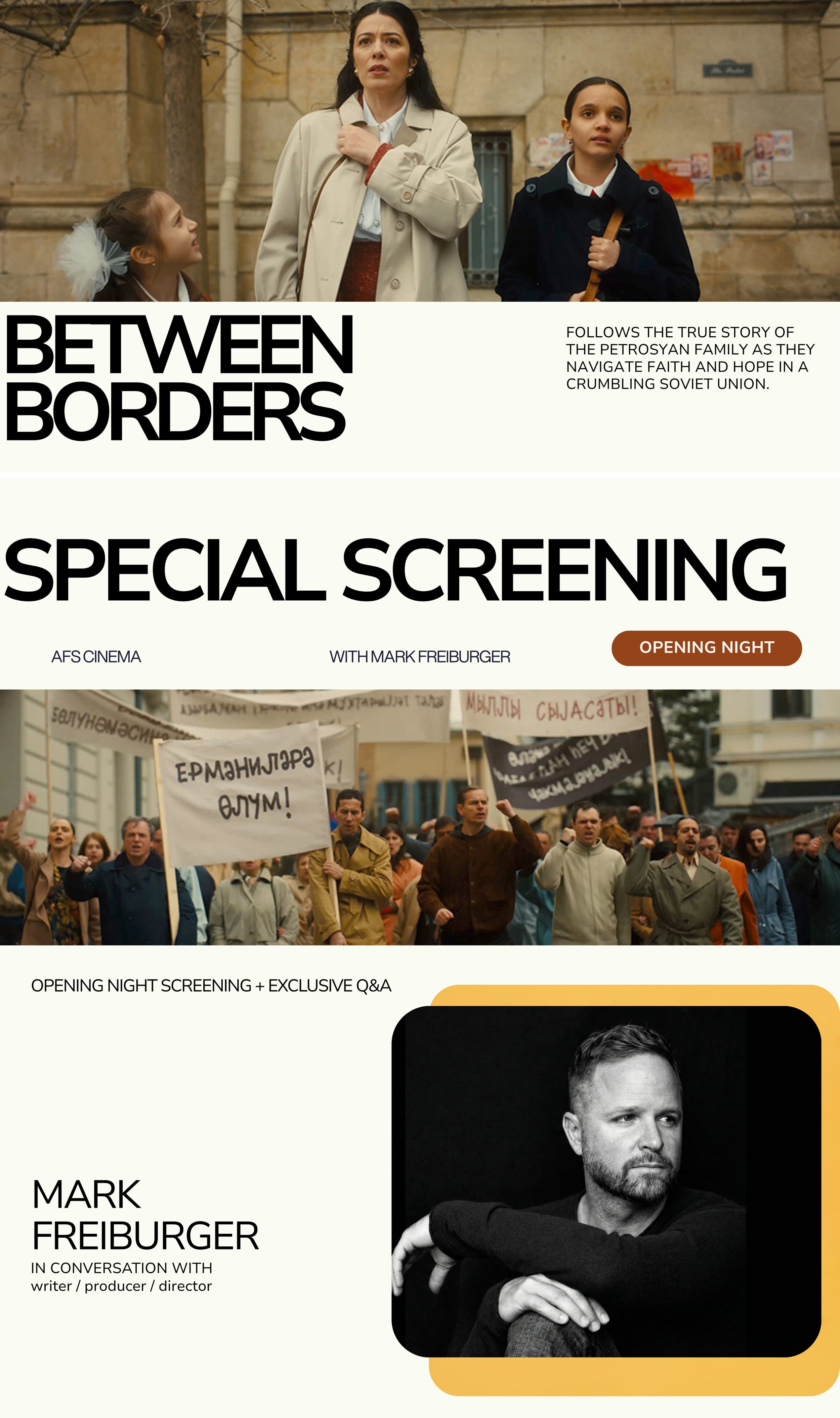 Promotional poster for the film "Between Borders" featuring a scene of a woman and two young girls standing on a street, with a protest in the background, and an interview with Mark Freiburger, a writer, producer, and director.