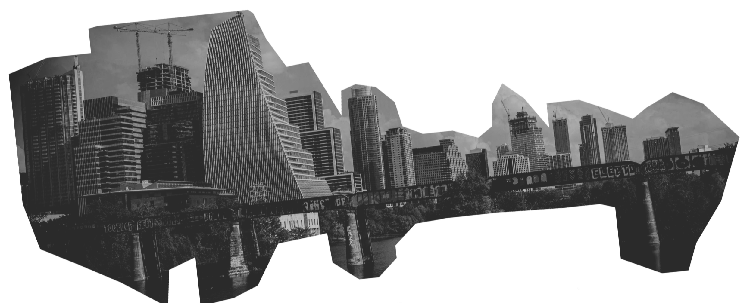 Cityscape with modern skyscrapers and a graffiti-covered bridge in black and white.