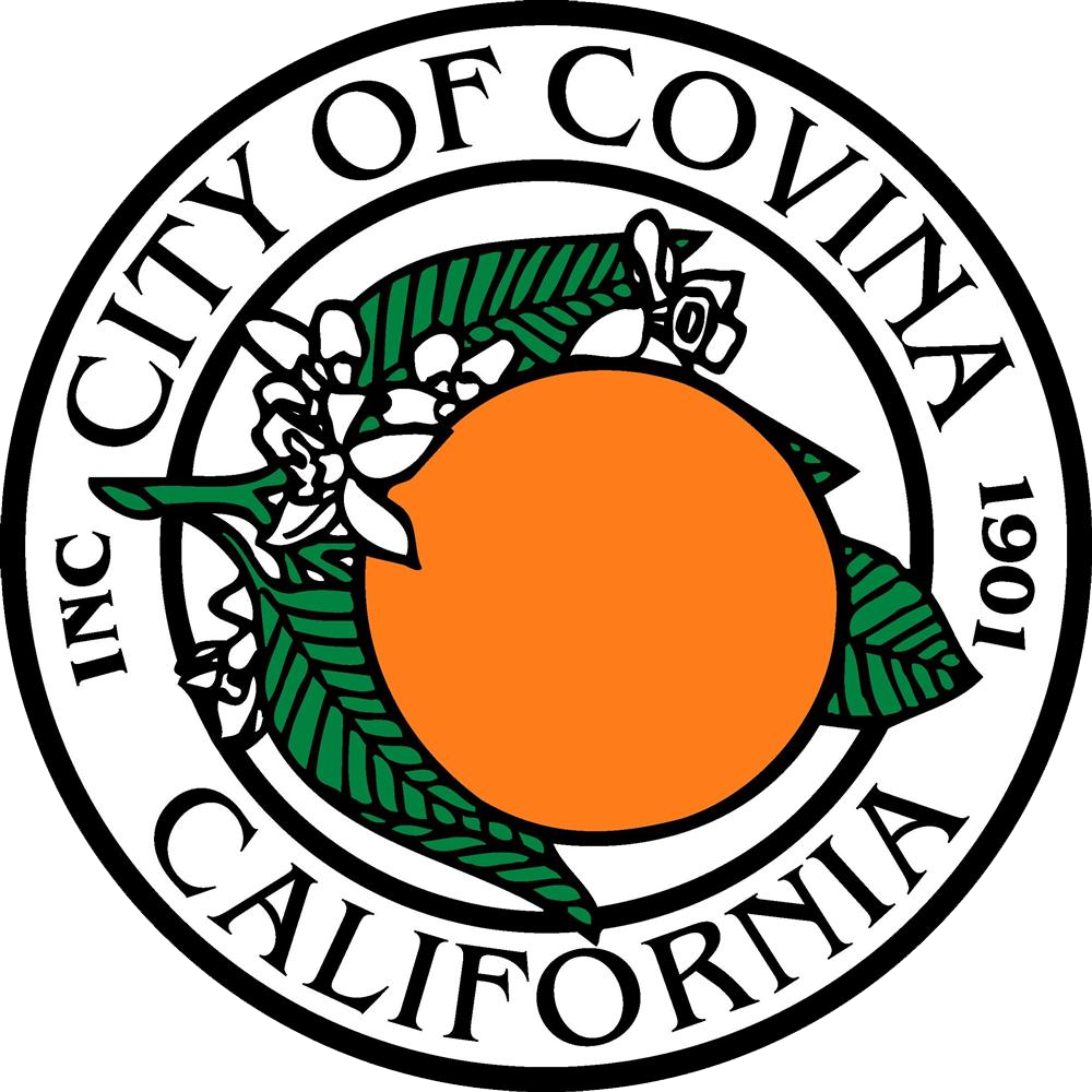 Seal of the City of Covina, California, featuring an orange with leaves and flowers, surrounded by the text 'City of Covina, California, 1901, Inc.'