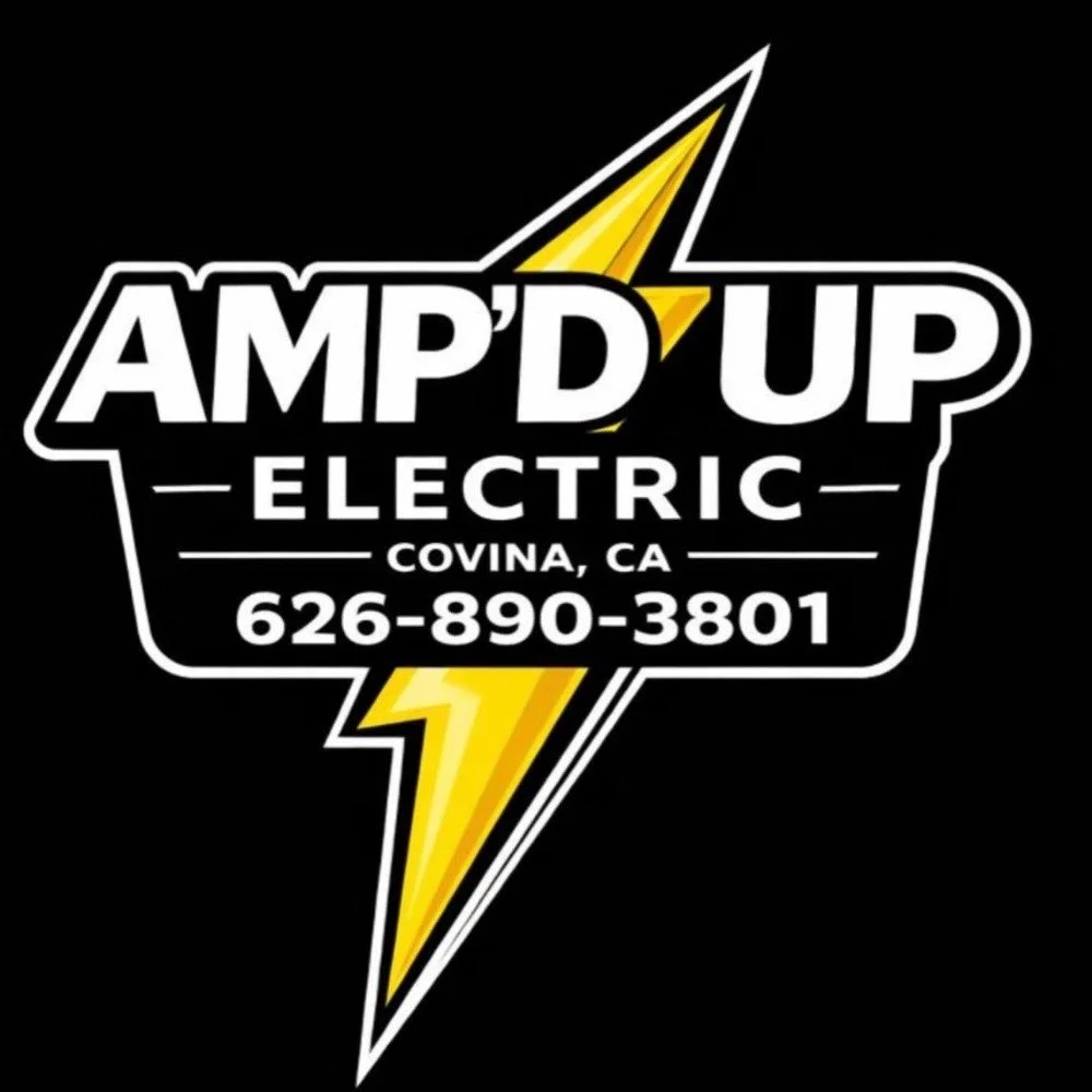 Logo for Amp'd Up Electric featuring a yellow lightning bolt, with contact information for Covina, California.