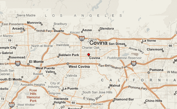 Map highlighting Covina, California and surrounding neighborhoods, highways, and landmarks.