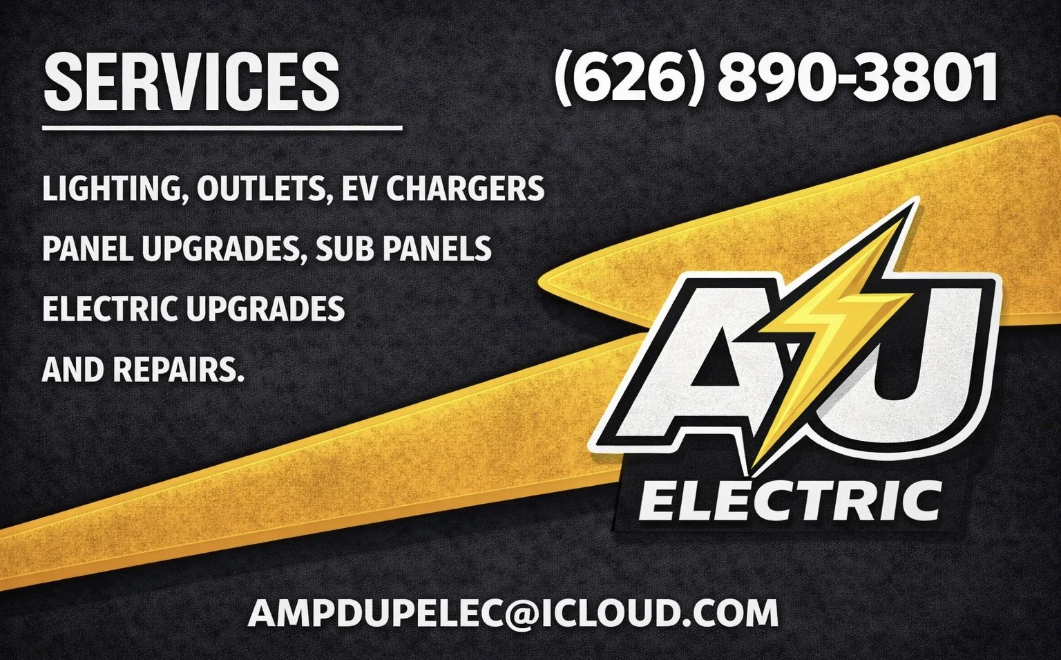 Business card for ACJ Electric with contact number (626) 890-3801, services including lighting, outlets, EV chargers, panel upgrades, sub panels, electric upgrades, and repairs, and an email address ampduplec@icloud.com.