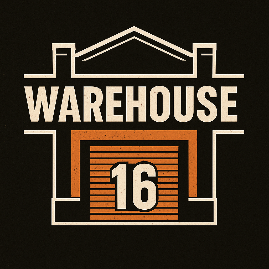 Logo for a warehouse with a roof outline, the word 'WAREHOUSE' in large letters, and the number '16' in a square, all set against a dark background.