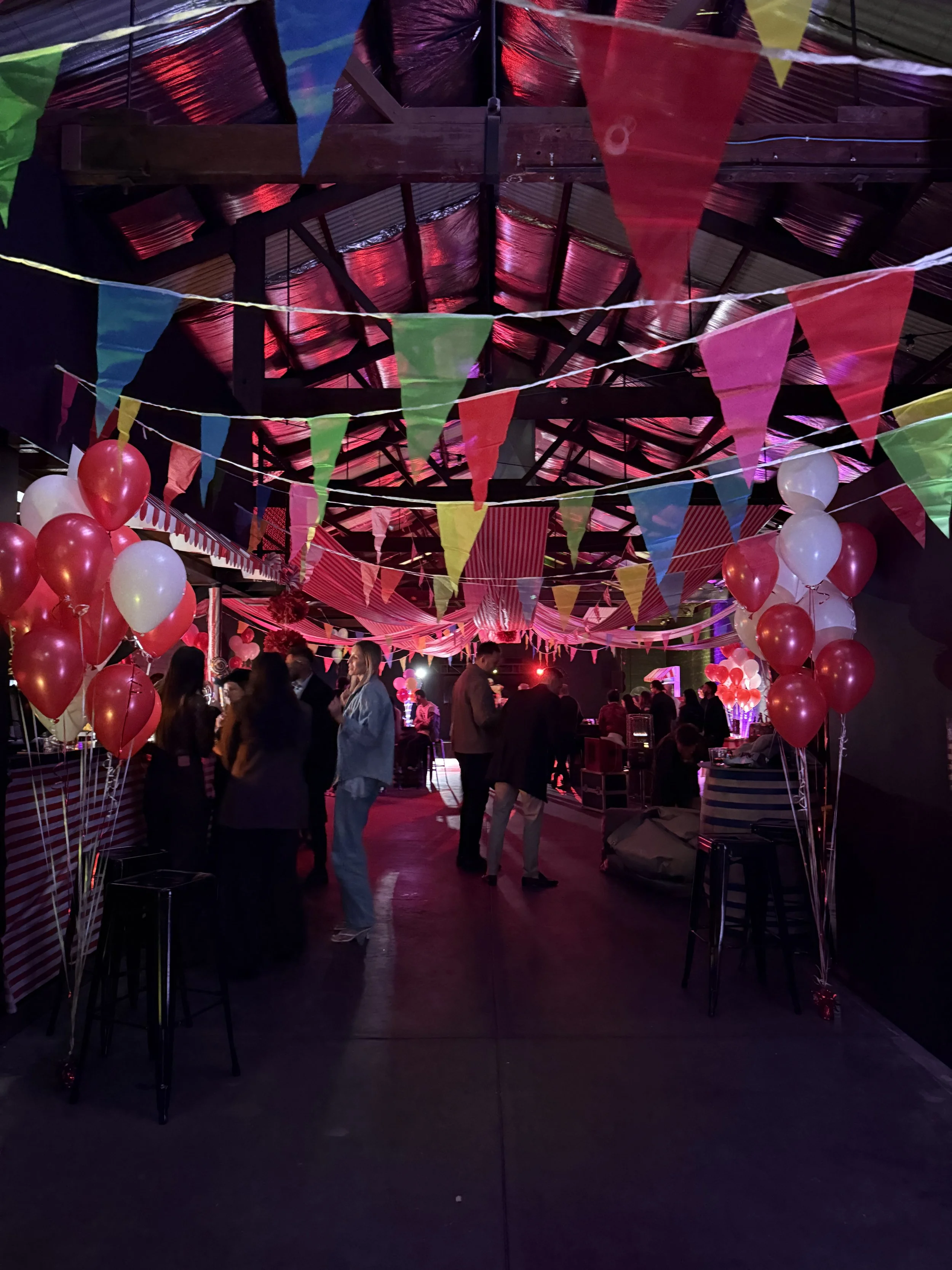 Birthday party with bunting and coloured lights at Warehouse 16