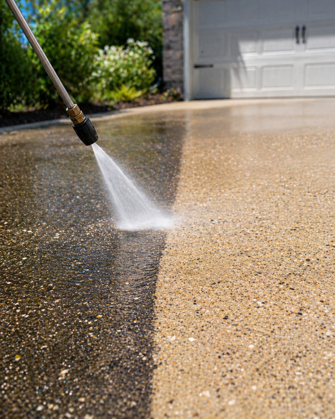 A pressure washer spray nozzle cleaning a concrete driveway.