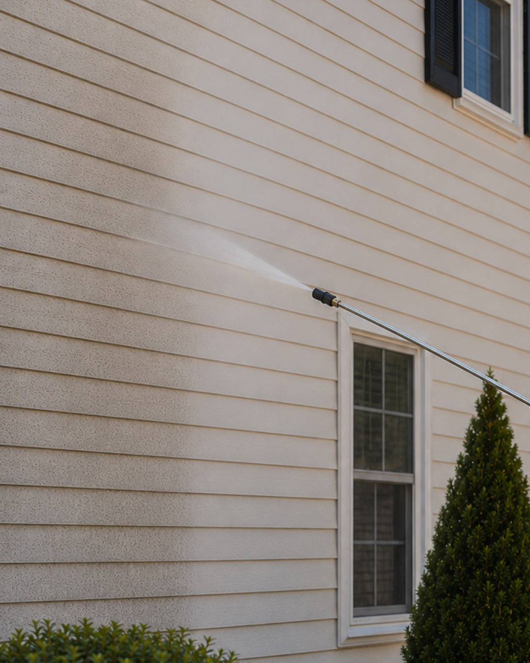 A person is pressure washing the beige siding of a house near a window, with a tall green bush nearby.