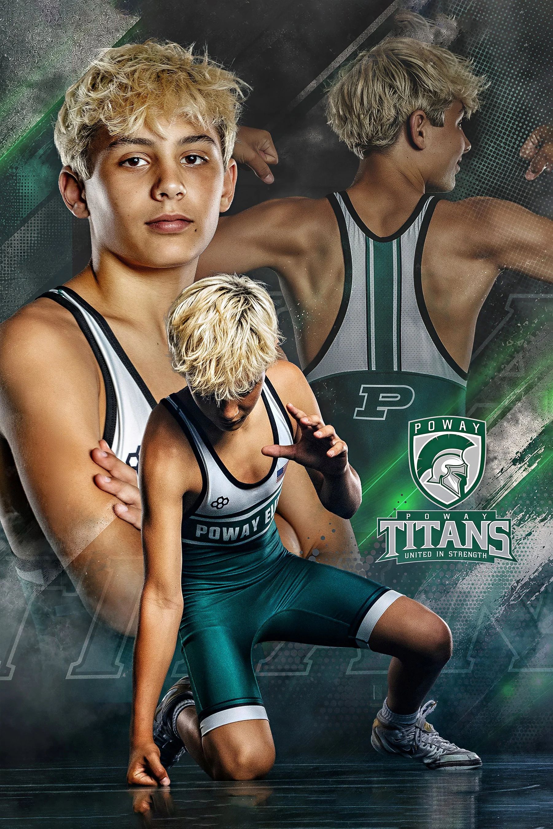 A promotional poster for Poway Titans, a wrestling team, featuring a wrestler in a green and white uniform in a squat position, with a serious expression, blonde hair, and athletic build. The poster has a dark background with green accents and the te
