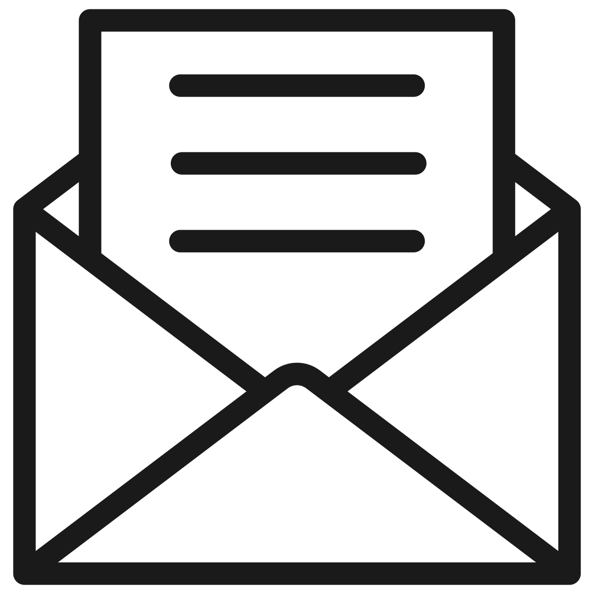 Outline of an open envelope with a letter inside.