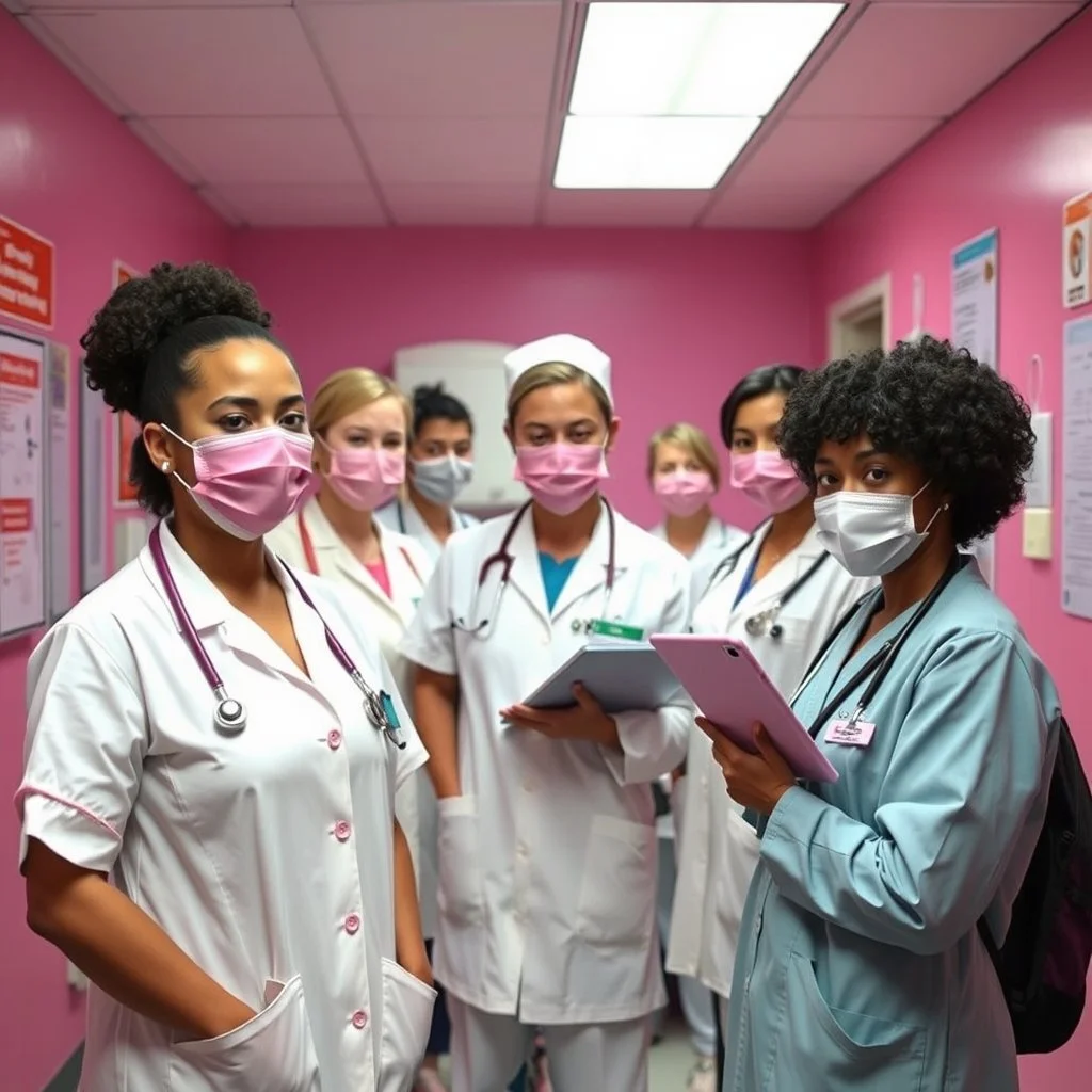 Group of diverse healthcare professionals wearing masks and scrubs, standing together in a hospital corridor.