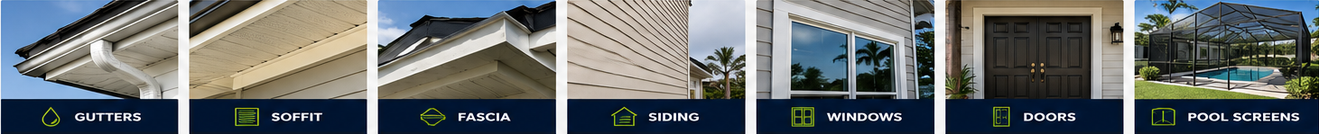 Series of exterior house features labeled as gutters, soffit, fascia, siding, windows, doors, and pool screens.