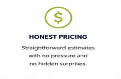 Green dollar sign inside a circle at the top, followed by the text "HONEST PRICING" and a description: "Straightforward estimates with no pressure and no hidden surprises."