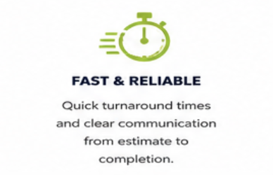 Icon of a green stopwatch with speed lines, with text stating 'Fast & Reliable' and a description about quick turnaround times and clear communication.