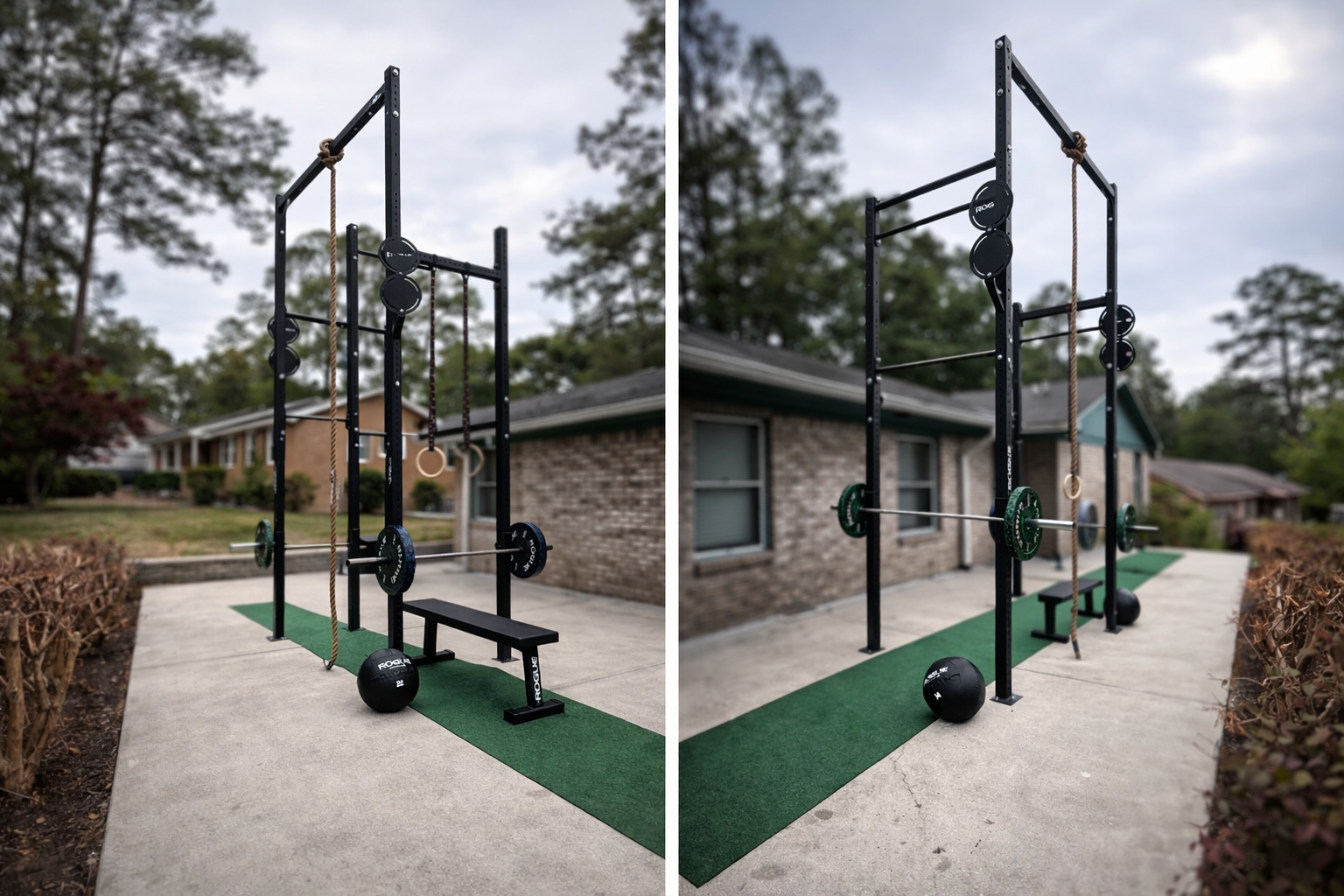 Outdoor Castro rig with space to do both bar and ring muscle-ups. Also has both 9’ & 10’ wall ball targets and a 15’ rope for rope climbs. Approximately 30’ of turf for handstand walking , lunging, or shuttle runs.