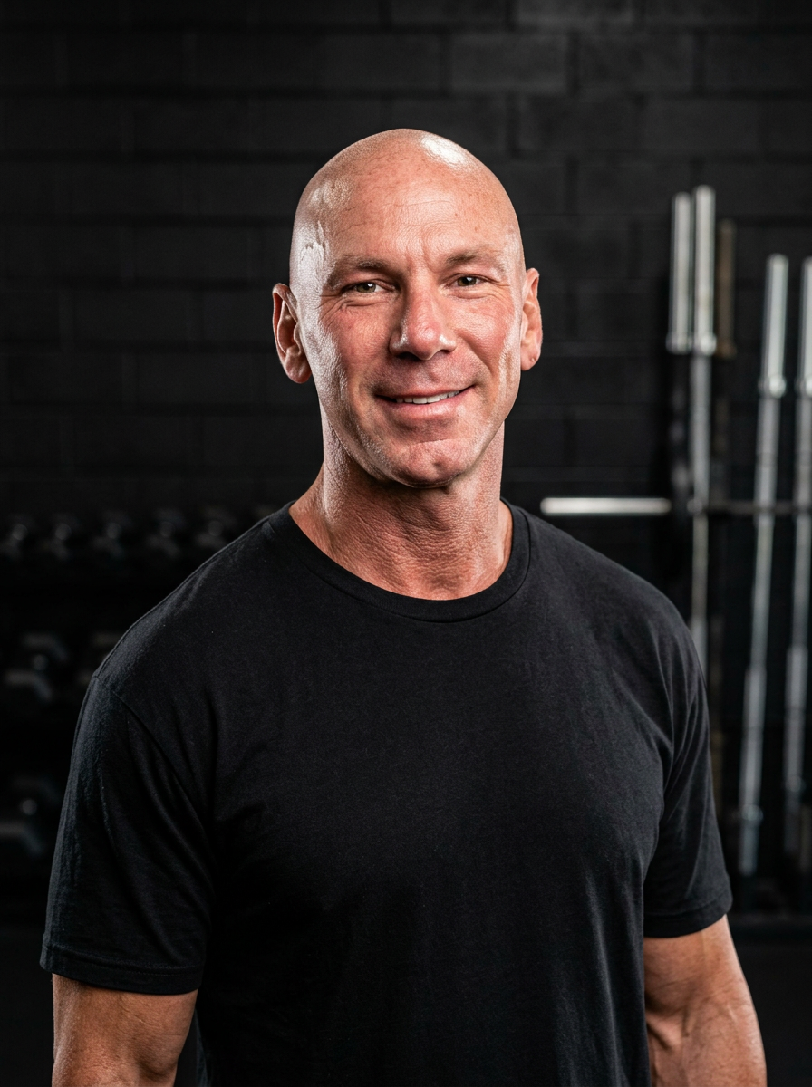 Bald man in black t-shirt smiling in gym with black wall and workout equipment in background.