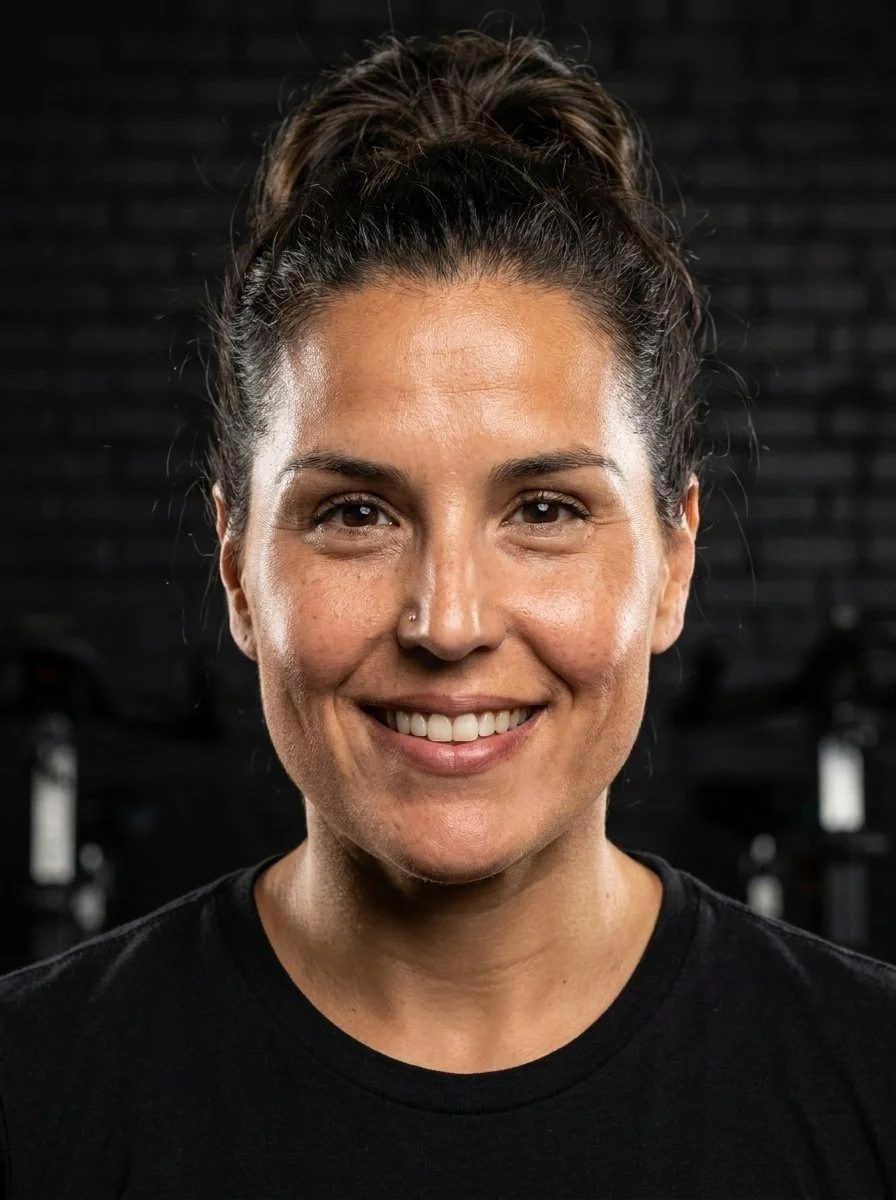 Woman with dark hair pulled back in a bun, smiling, wearing a black shirt, in a dark indoor setting.