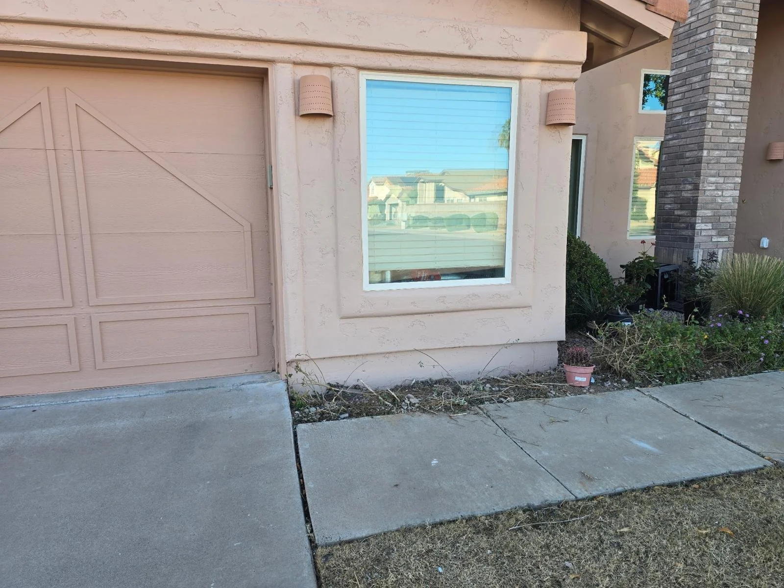 The front exterior of a house showing a beige garage door, a window with blue sky reflection, and some plants and tiles on the porch.