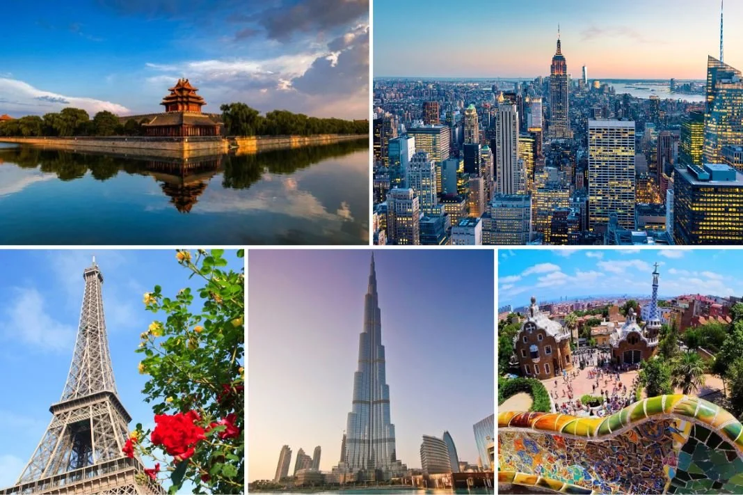 Collage of iconic landmarks including the Forbidden City in China, New York City skyline with Empire State Building, Eiffel Tower in France, Burj Khalifa in Dubai, and Park Güell in Spain.