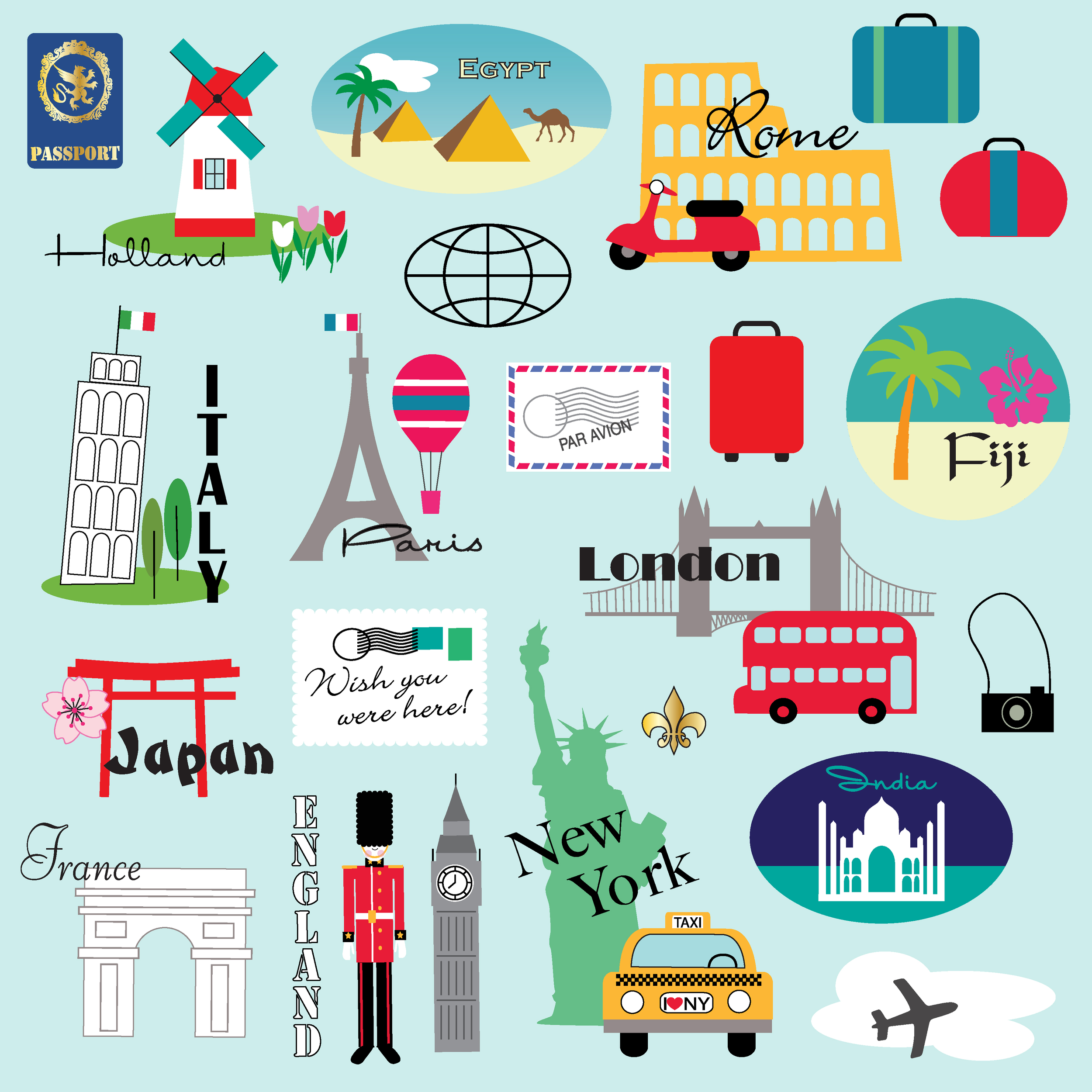A colorful illustrated travel-themed collage featuring iconic landmarks and symbols from various countries including a Dutch windmill, tulips, a camel and pyramids representing Egypt, the Eiffel Tower and Arc de Triomphe from France, the Tower of Pisa from Italy, the Christ the Redeemer statue from Brazil, the Taj Mahal from India, the Tokyo Tower and Mount Fuji from Japan, the Statue of Liberty and a yellow taxi from New York, the Sydney Opera House and Harbour Bridge from Australia, a double-decker bus, an airplane, luggage, and various country names.