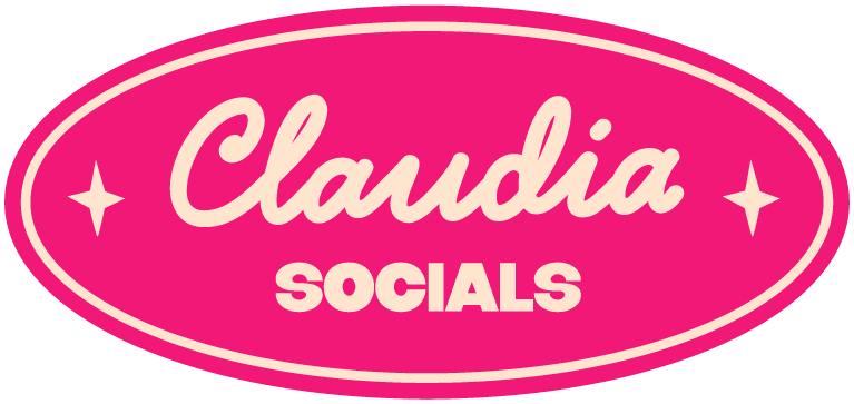 Pink logo with an oval shape, white border, and the text 'Claudia Socials' in white, cursive and bold font inside.