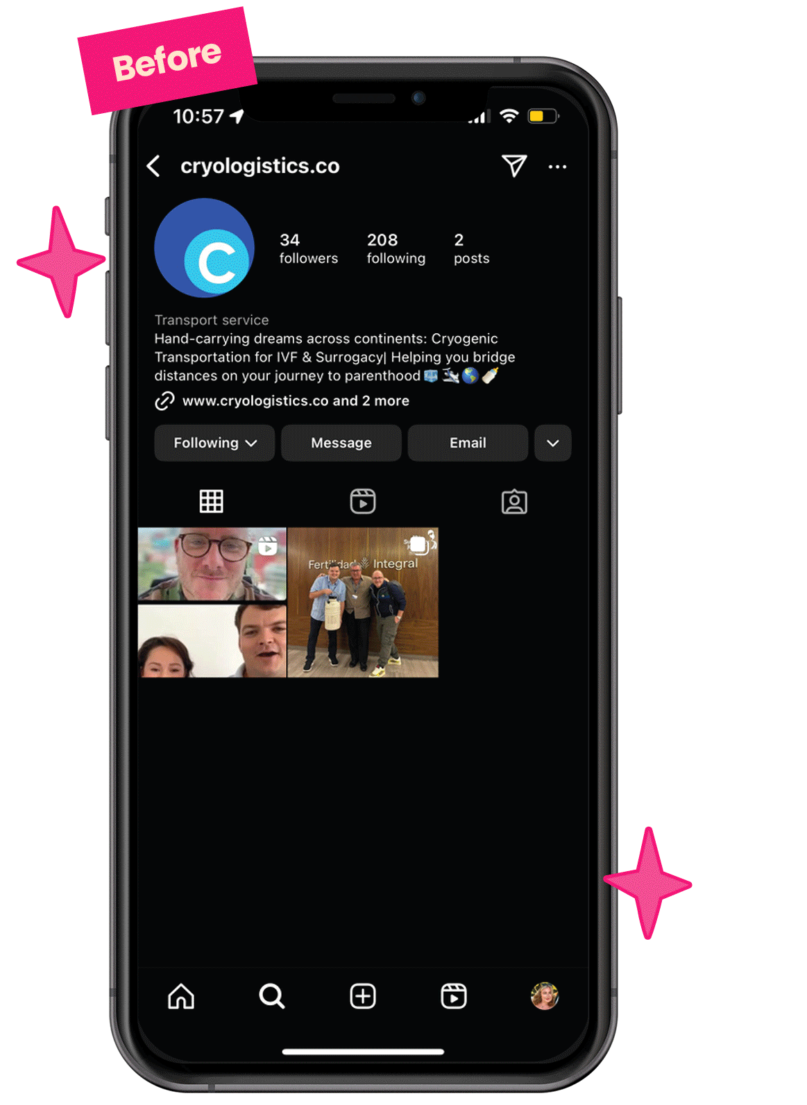 Instagram profile page of cryologistics.co with profile picture, description about cryogenic transportation, and some video thumbnails, displayed on a smartphone screen.