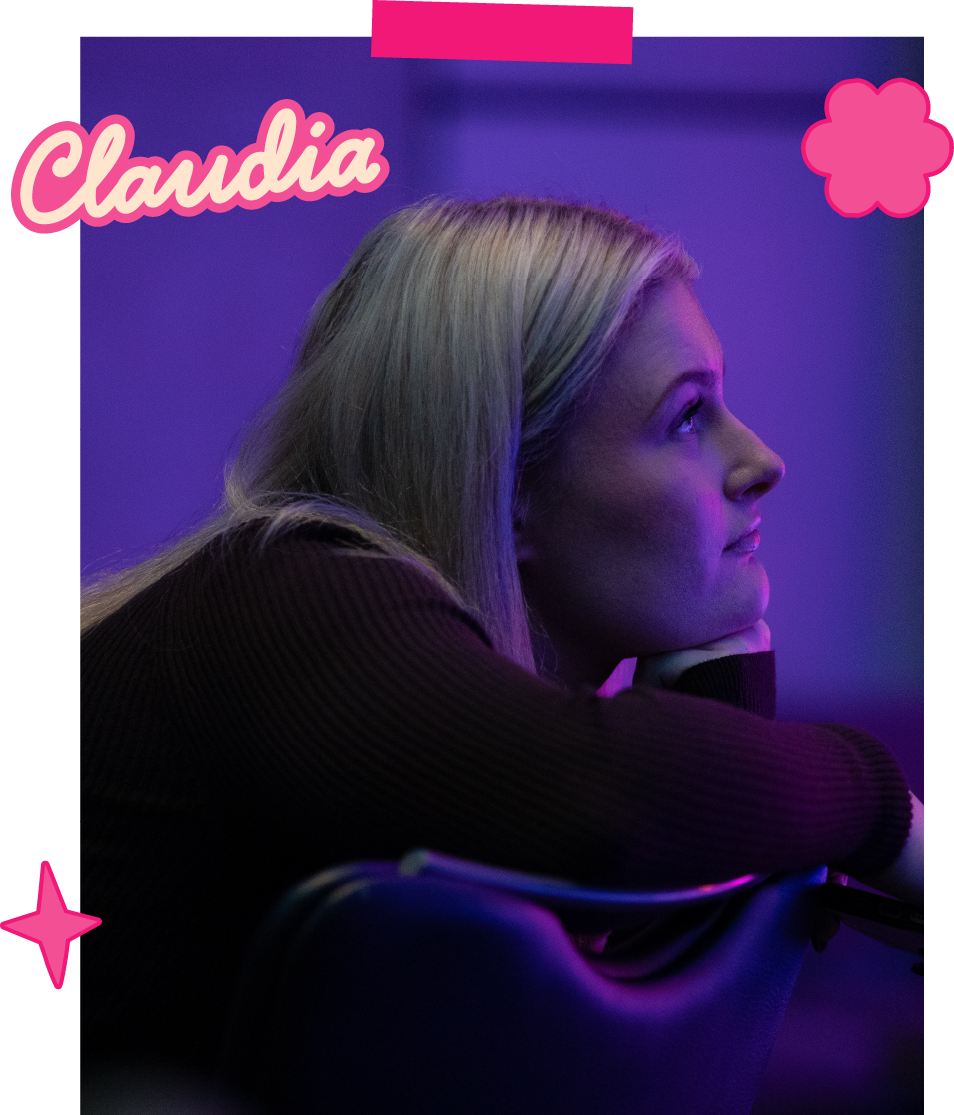 A woman with blonde hair looking thoughtfully to the right, resting her chin on her hand, in a dimly lit room with purple and blue lighting. The name 'Claudia' is written in pink cursive text in the top left corner, and there are pink decorative elements in the corners.