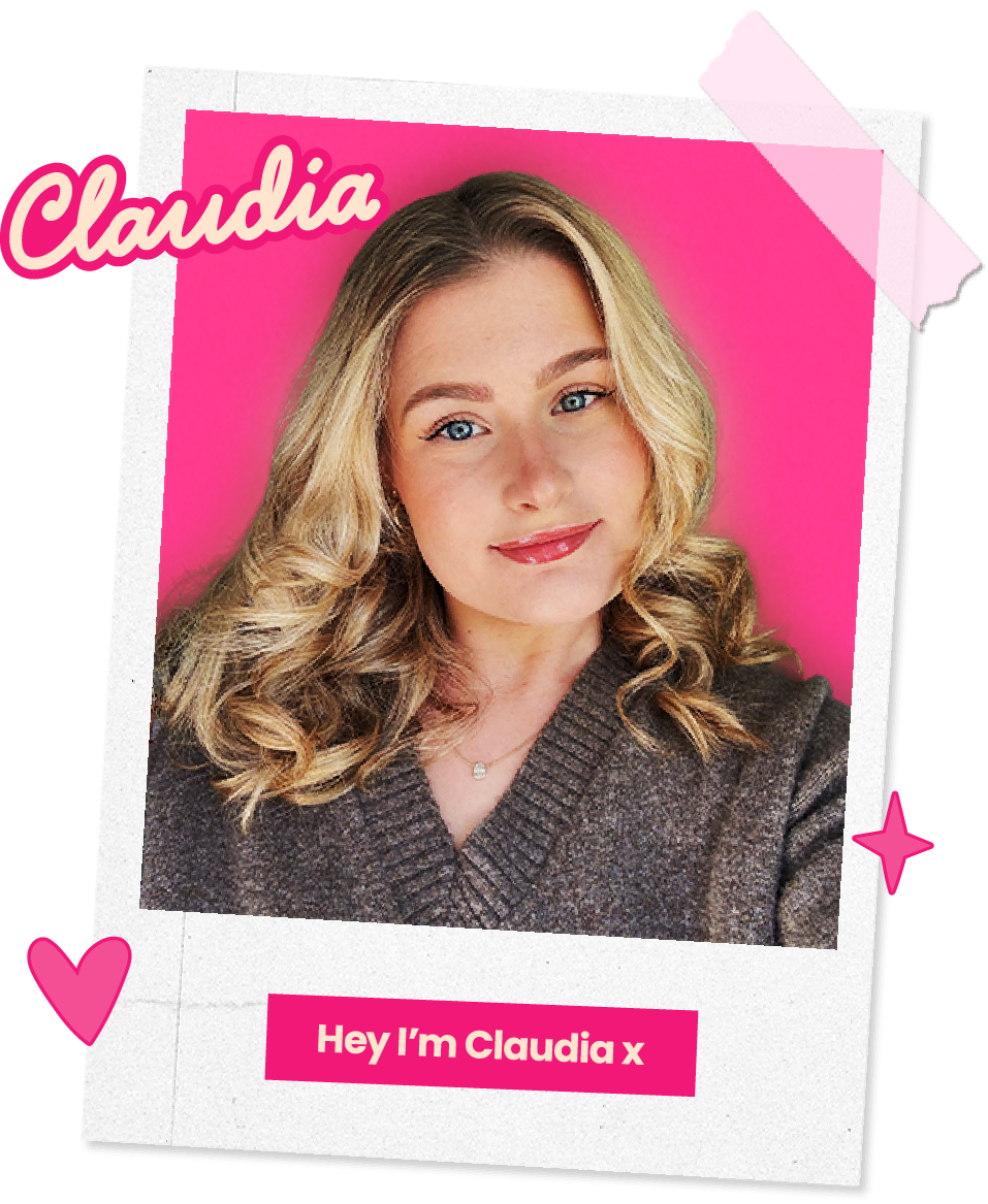 A young woman with blonde, curly hair and blue eyes smiling at the camera, with a pink background. Text on the image reads, 'Hey I'm Claudia x'.