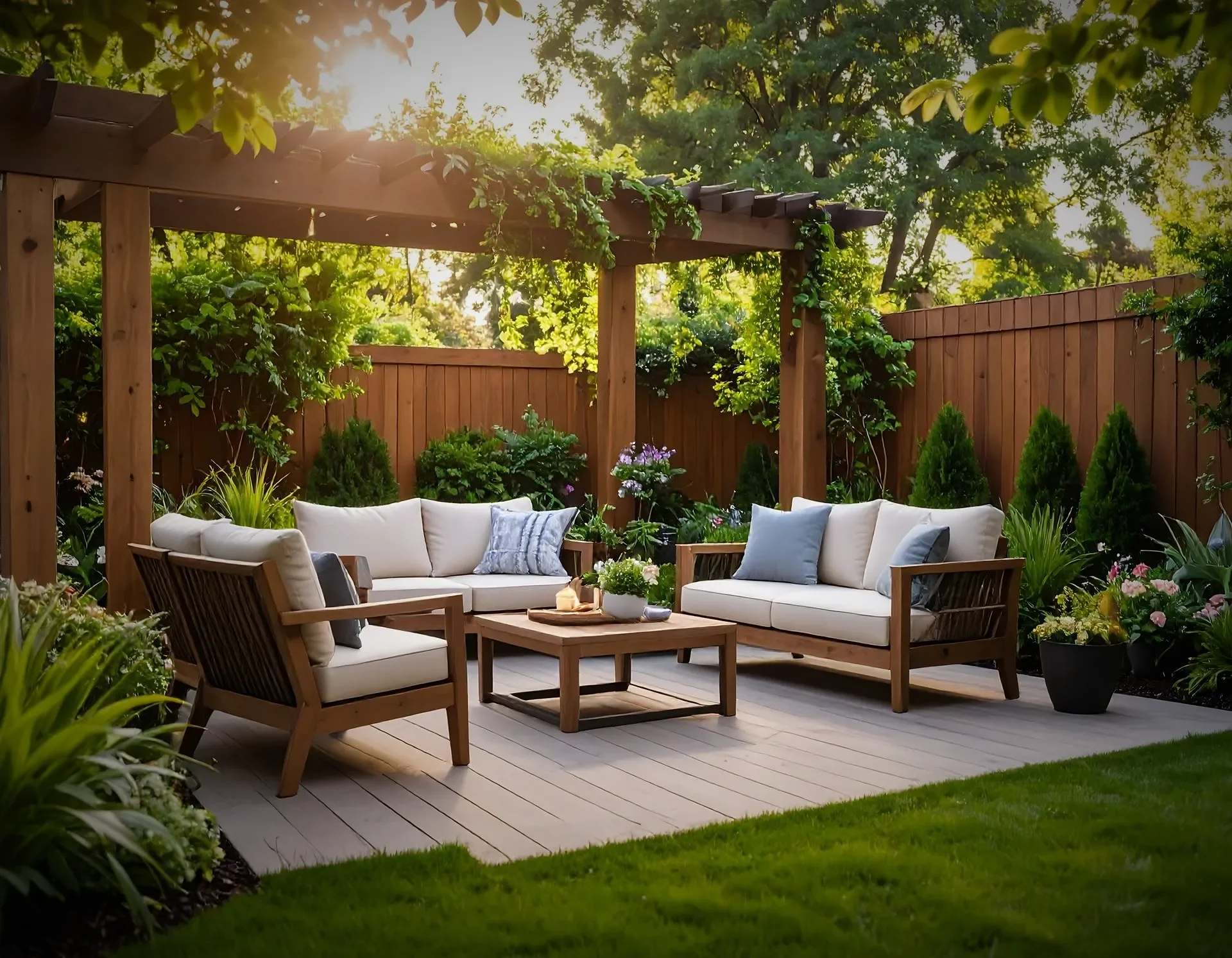 Cozy backyard patio with wooden furniture, beige cushions, and potted plants, surrounded by greenery and a wooden fence, bathed in warm sunlight.