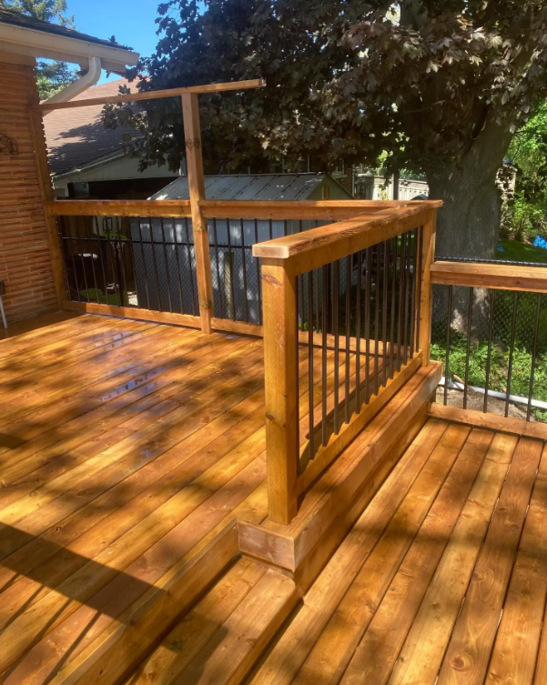 A newly built wooden deck with a railing, bathed in sunlight, overlooking a backyard with trees and neighboring houses.