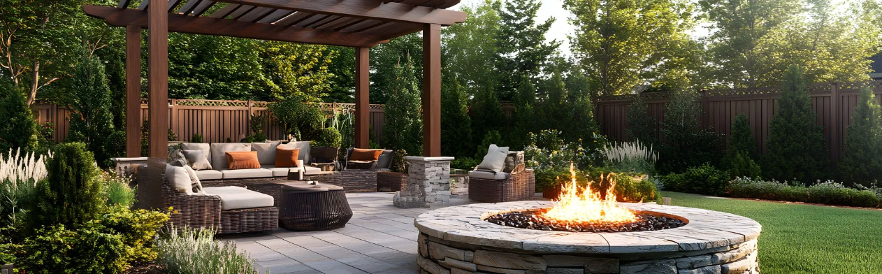 backyard patio with outdoor seating area, fire pit, pergola, surrounded by lush greenery and trees