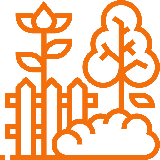 Icon of a garden scene with a flower, a tree, a cloud, and a fence, all in orange outline.