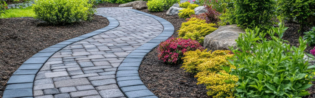 Curved stone brick walkway in a landscaped garden with colorful bushes and rocks.