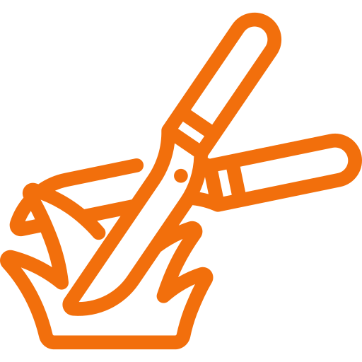 Orange line drawing of a hand holding and using two pens.