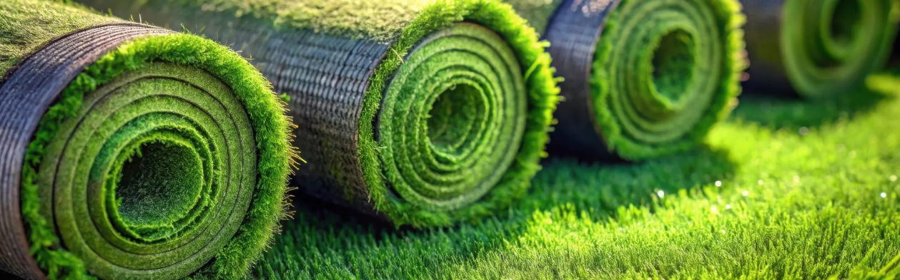 Close-up of rolled-up turfgrass sod rolls on a green lawn.