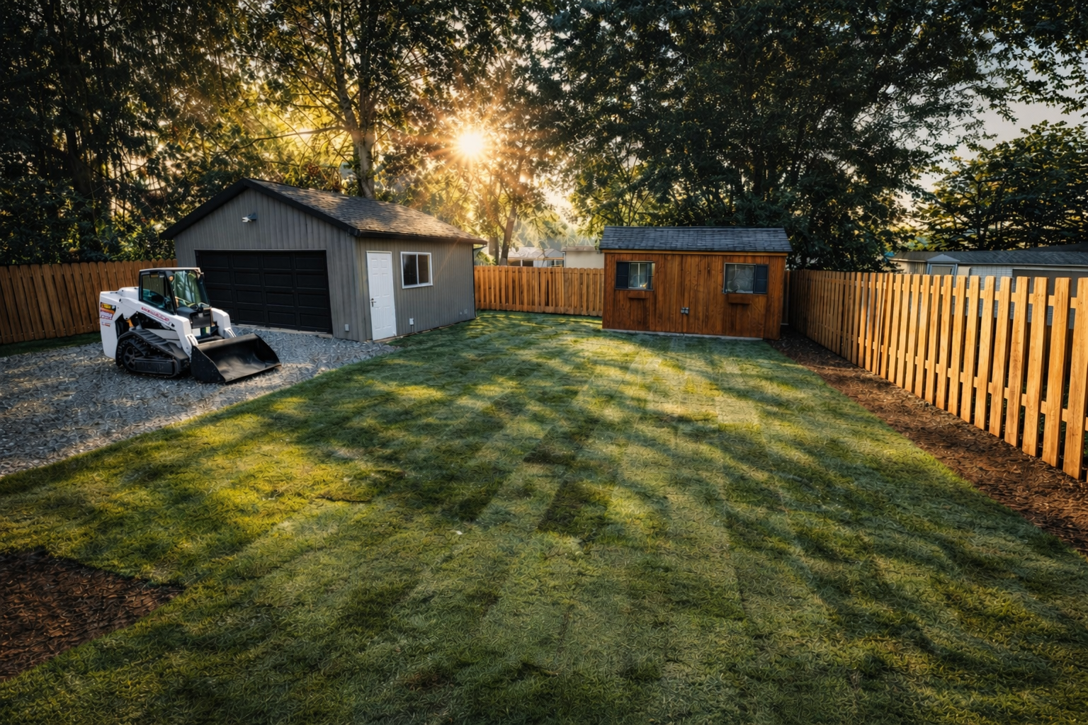A backyard with a green lawn, a gray garage, a wooden shed, a wooden fence, and a small construction vehicle parked on gravel, with sunlight shining through trees.
