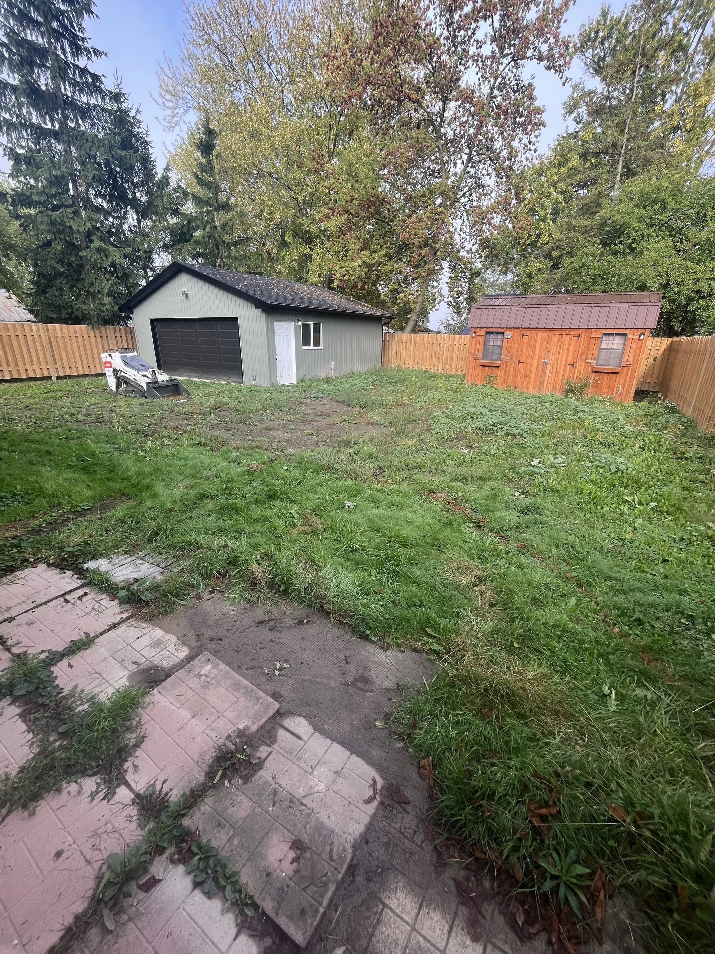 A backyard with a concrete patio, an area of grass and weeds, a gray outdoor storage shed with a black garage door, a small white door, and a window, a second smaller wooden shed with double windows covered with curtains, and a wooden fence surrounding the yard. Trees with green and yellow leaves are in the background under a cloudy sky.