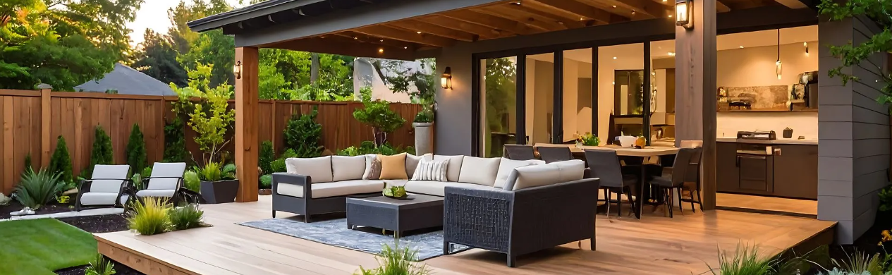 Outdoor patio with seating area, including a sectional sofa, armchairs, and a dining table, adjacent to a house with large sliding glass doors, surrounded by a wooden fence and lush landscaping.