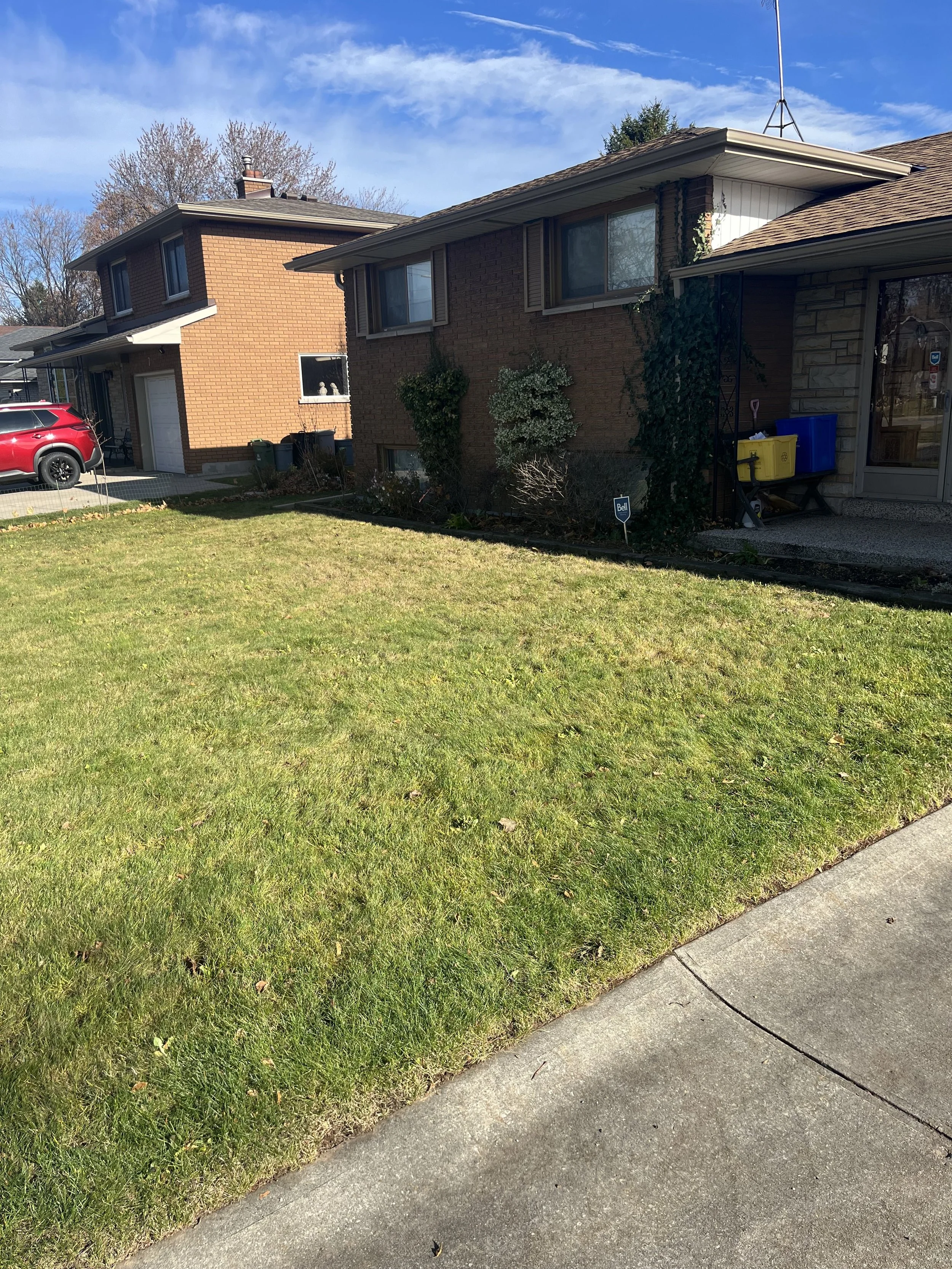 A residential neighborhood showing a grassy lawn, a concrete sidewalk, and two houses with brick exteriors, one red and one brown. There is a red car parked in the driveway of the house on the left, and some trees with bare branches in the background