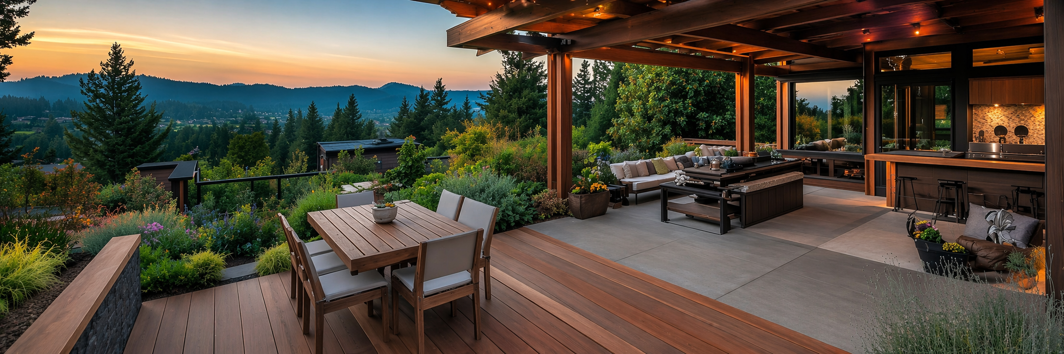 A spacious outdoor deck with wooden and concrete flooring, featuring a dining table with chairs, surrounded by lush greenery and mountains in the distance at sunset.