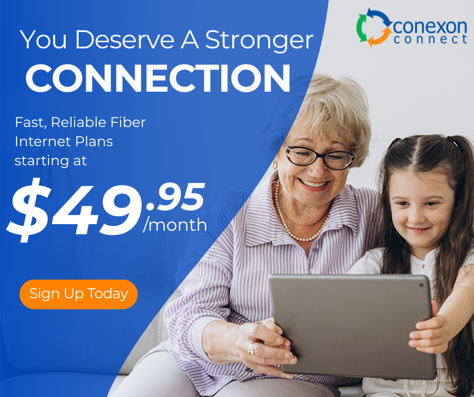 A promotional advertisement for Conexon Connect internet service featuring a smiling elderly woman and young girl looking at a tablet together. The ad highlights internet plans starting at $49.95 per month, with a call-to-action button to sign up.