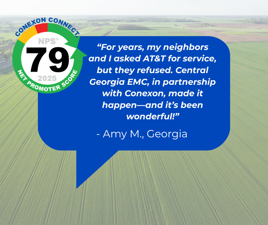 A rural landscape with open green fields and a cloudy sky, featuring a circular logo with the text 'CONEXON CONNECT' and 'NET PROMOTER SCORE 79' in a blue speech bubble containing a customer testimonial from Amy M. in Georgia.