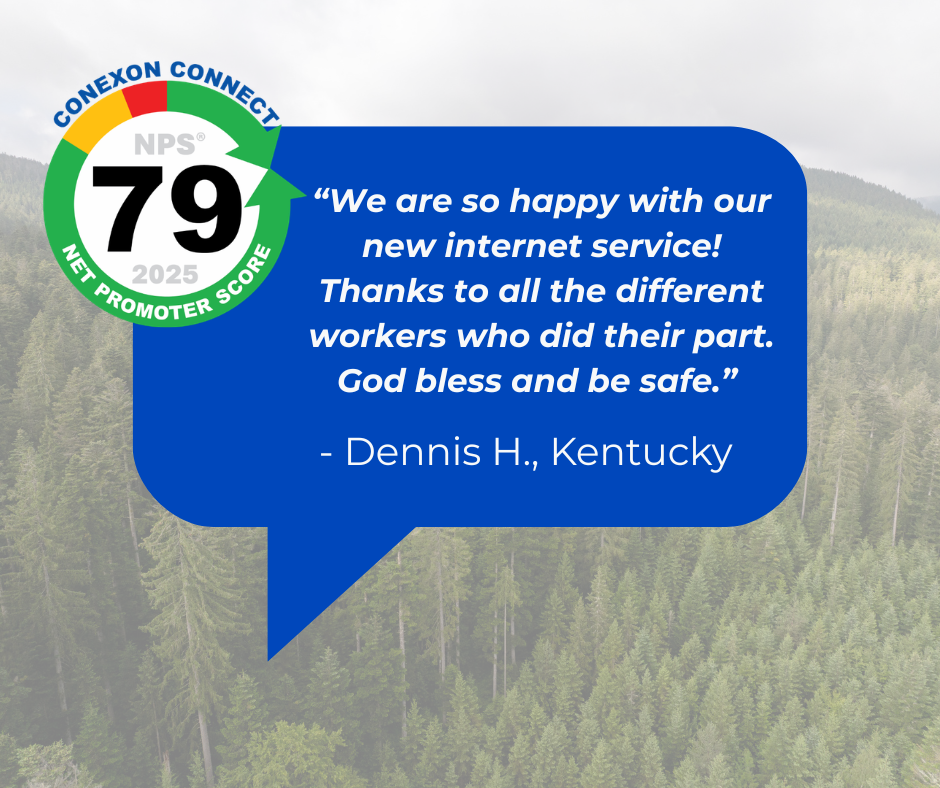 Customer review badge for Conexon Connect with a score of 79 out of 100, featuring the NPS logo and a quote from Dennis H. in Kentucky praising the internet service and workers, set against a forest background.