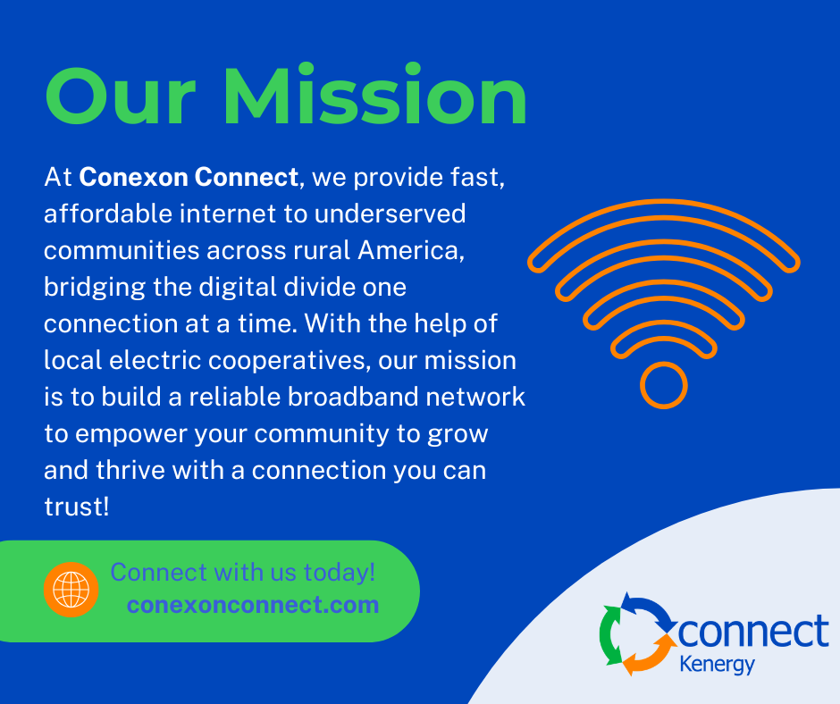 Blue and white informational graphic about Conexon Connect's mission to provide broadband internet to rural communities, featuring a Wi-Fi icon and a call to action to connect through conexonconnect.com.