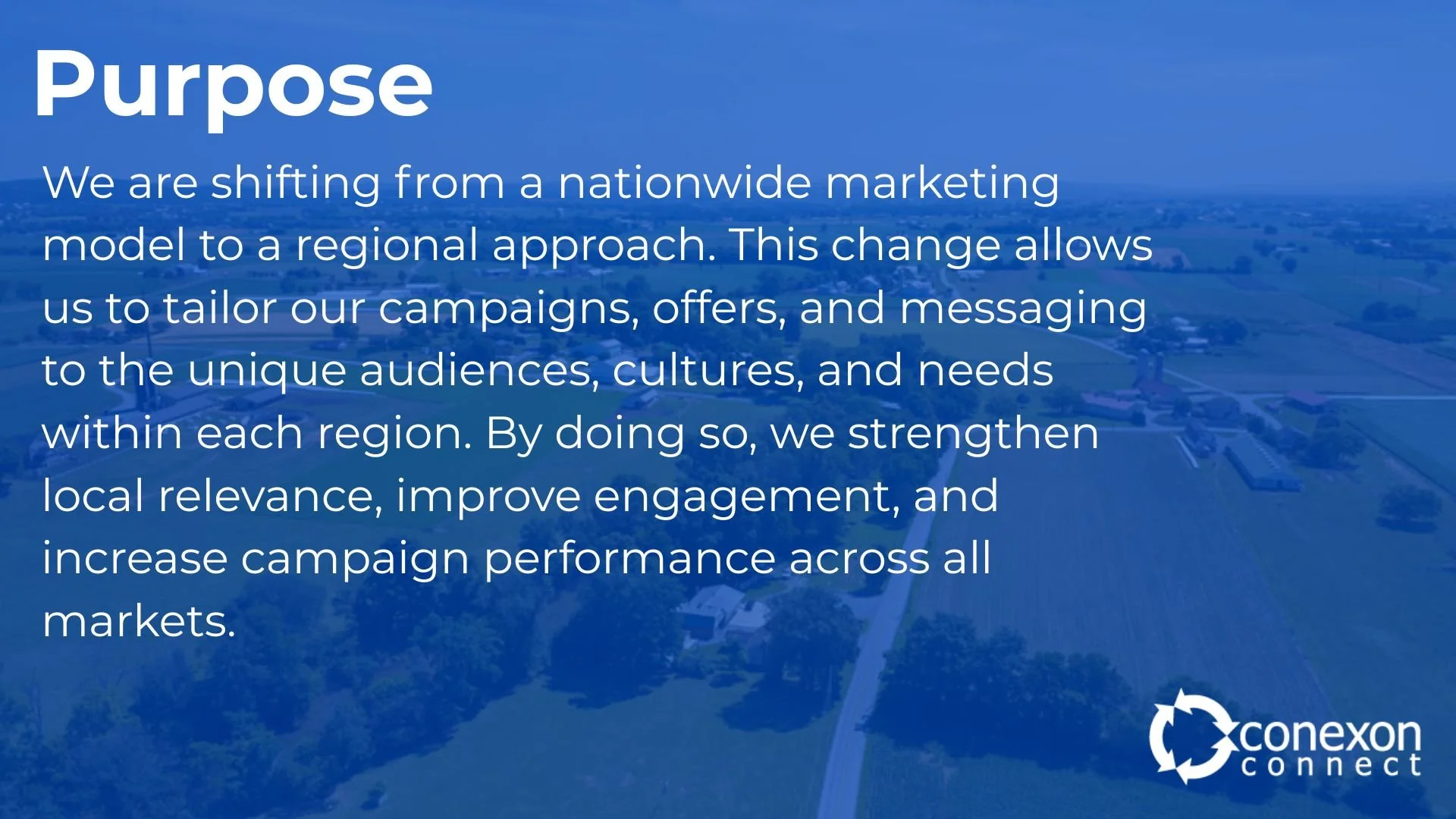 A blue background with white text describing the company's shift from a nationwide to a regional marketing model, emphasizing tailored campaigns and increased local relevance. The company's logo, Conexon Connect, is at the bottom right corner.