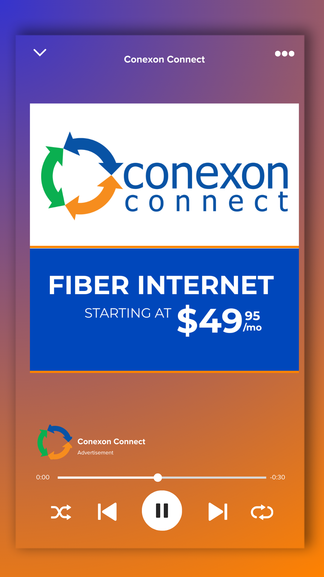 Advertisement for Conexon Connect offering fiber internet starting at $49.95 per month.