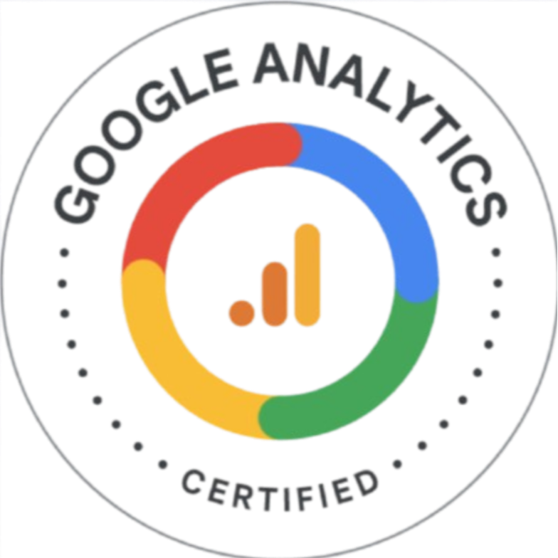 Logo for Google Analytics Certified, featuring a multi-colored circular design with a bar chart icon in the center.