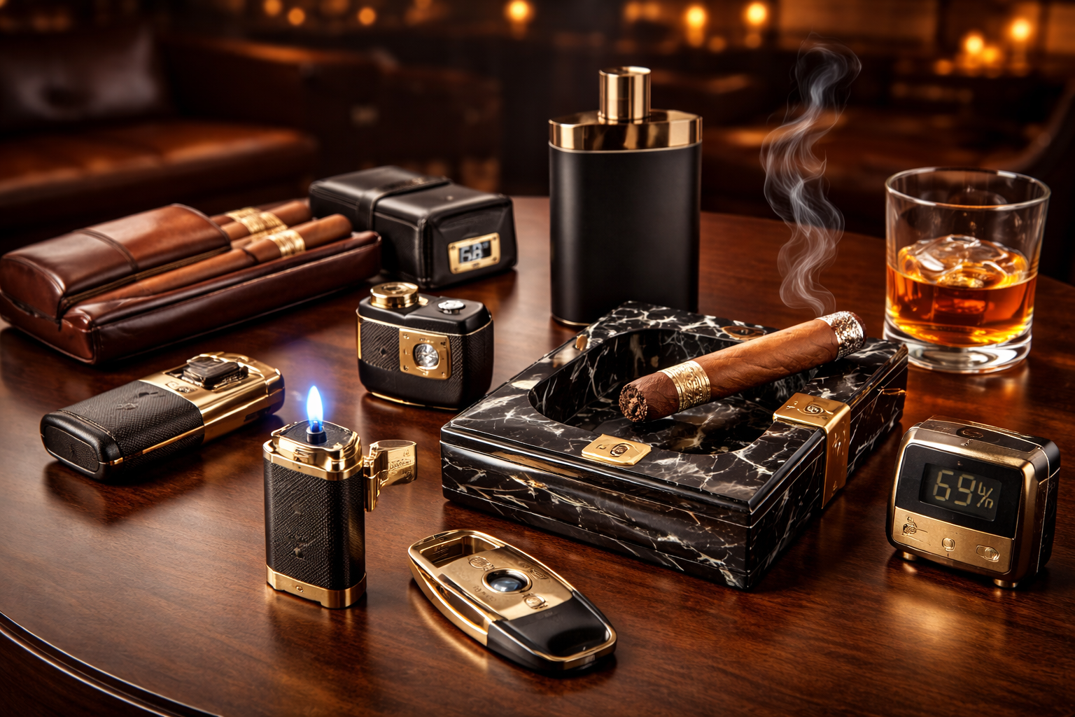 A collection of luxury items on a wooden table including cigars, a glass of whiskey, a black and gold perfume bottle, a vintage camera, a leather cigar case, a digital thermometer, a lighter, a black marble ashtray with a cigar in it, a black and gold flask, and a black decorative box, all set in a dim, ambient lighting setting.