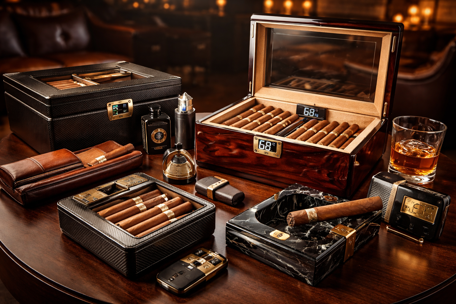 A collection of cigars, cigar boxes, a glass of whiskey, and accessories on a wooden table.