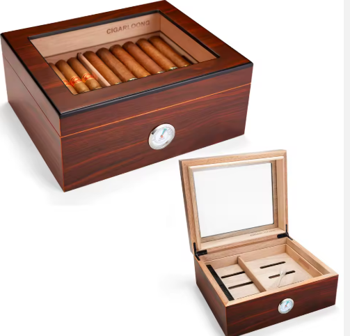 Glass Top Cigar Humidor Box Rosewood Grain Wooden Portable Cigarette Humidor