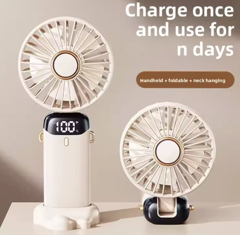 New USB Handheld Fan Halter Neck Mobile Phone Holder Digital Display Folding Mini Portable Outdoor